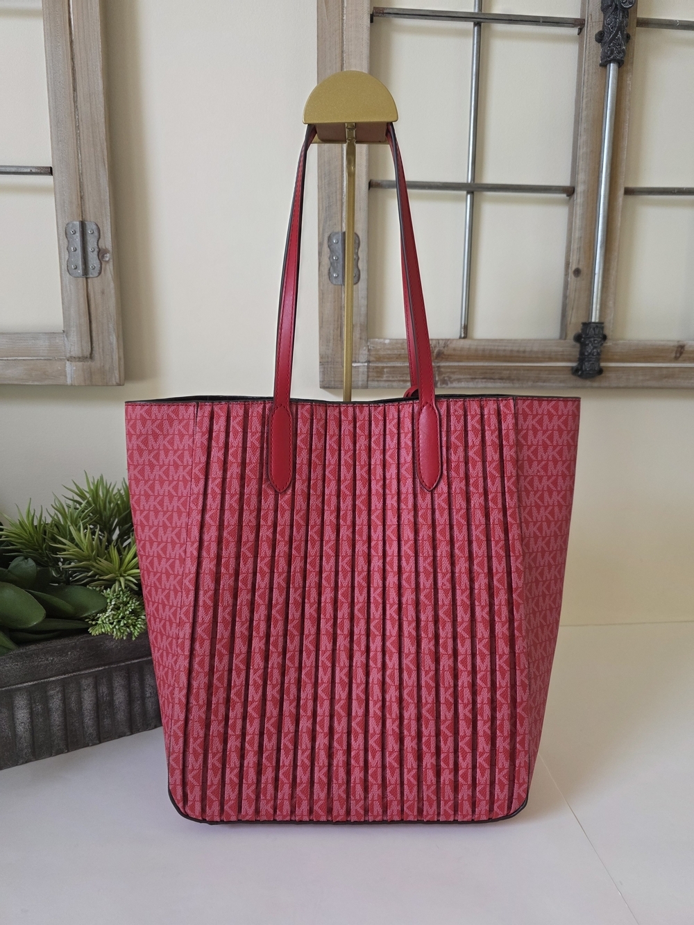 Michael Kors Sinclair Large Pleated Shopper Tote Crimson Red Signature Logo - Picture 4 of 10